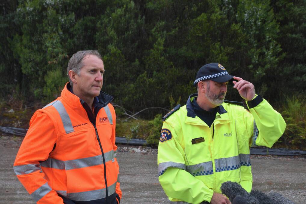 PYBAR Mining Services CEO Brendan Rouse and Tasmania Police Inspector Shane Lefevre on site at the Henty gold mine. Picture: Lachlan Bennett