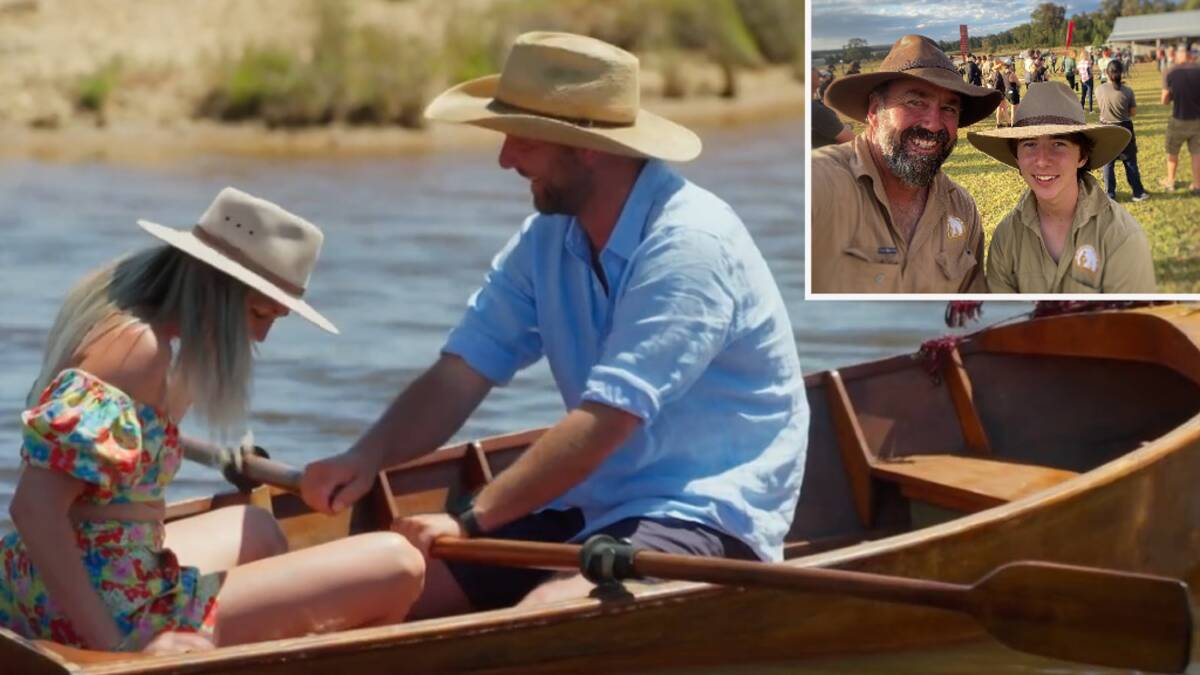 Farmer Brad and Shelby hop into the wooden boat - before it begins to sink; and (inset) Mark Woodley, owner of Billy'o Bush Retreat in Wongarbon, with his 16-year-old son, Noah. Picture by Channel 7/Screenshot from Farmer Wants a Wife 2023 (main) and supplied
