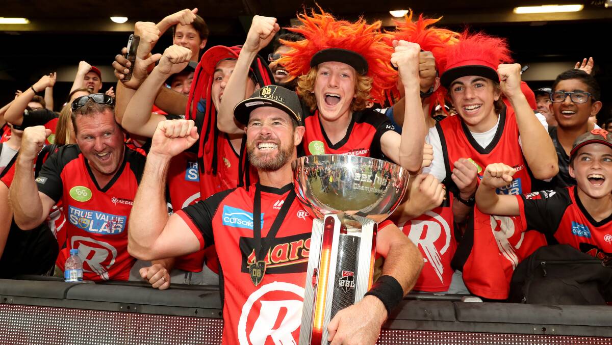 THE HERO: Dan Christian celebrates the Renegades' win with fans. He was superb for the Renegades through the BBL finals series, producing in the decider again. AAP/MARK DADSWELL