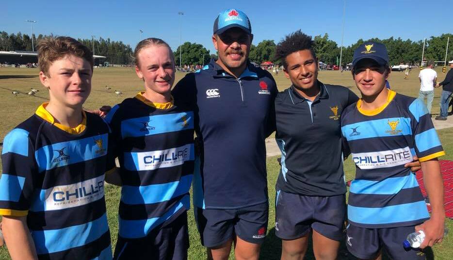 HOME GROWN HERO: Some of Central West's under 15s, including Orange City's Ollie Connaughton (second from left) had the chance to get some tips from Kinross product and Waratahs prop Cody Walker. Photo: CONTRIBUTED