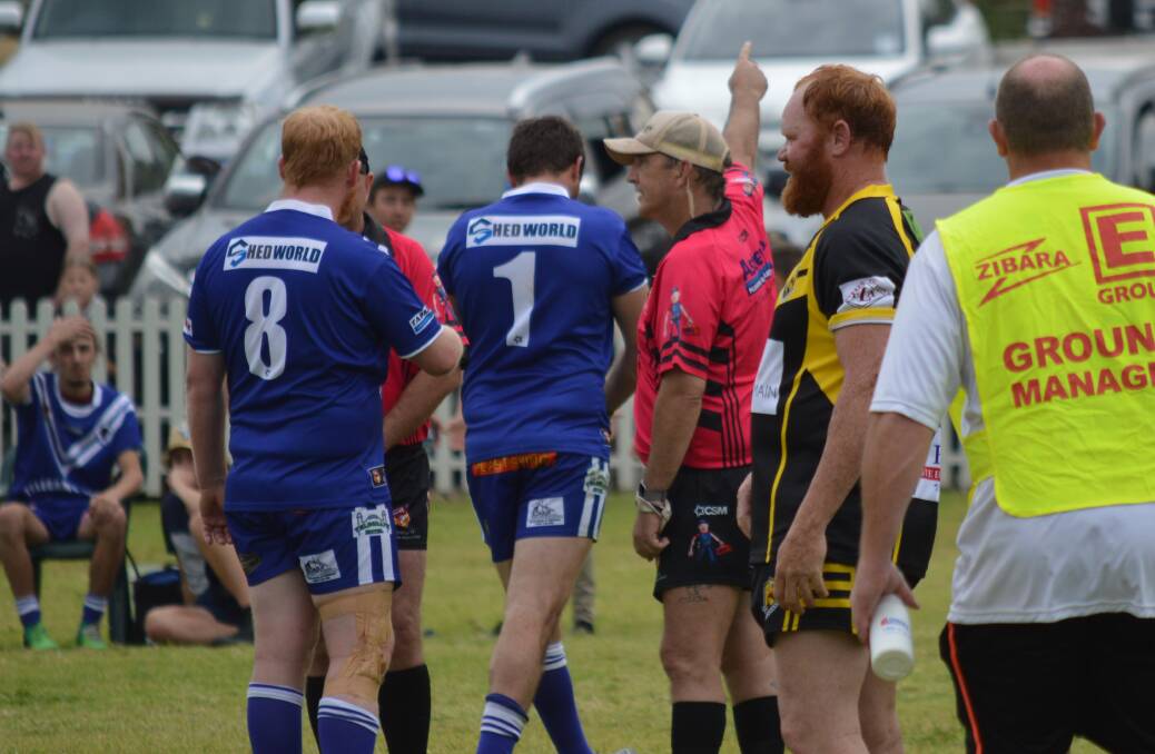 YOU'RE OFF: Molong's Tory Madden (No.1) is given his marching orders in the 46th minute of Sunday's clash, reducing the Bulls to 10. Photo: MATT FINDLAY