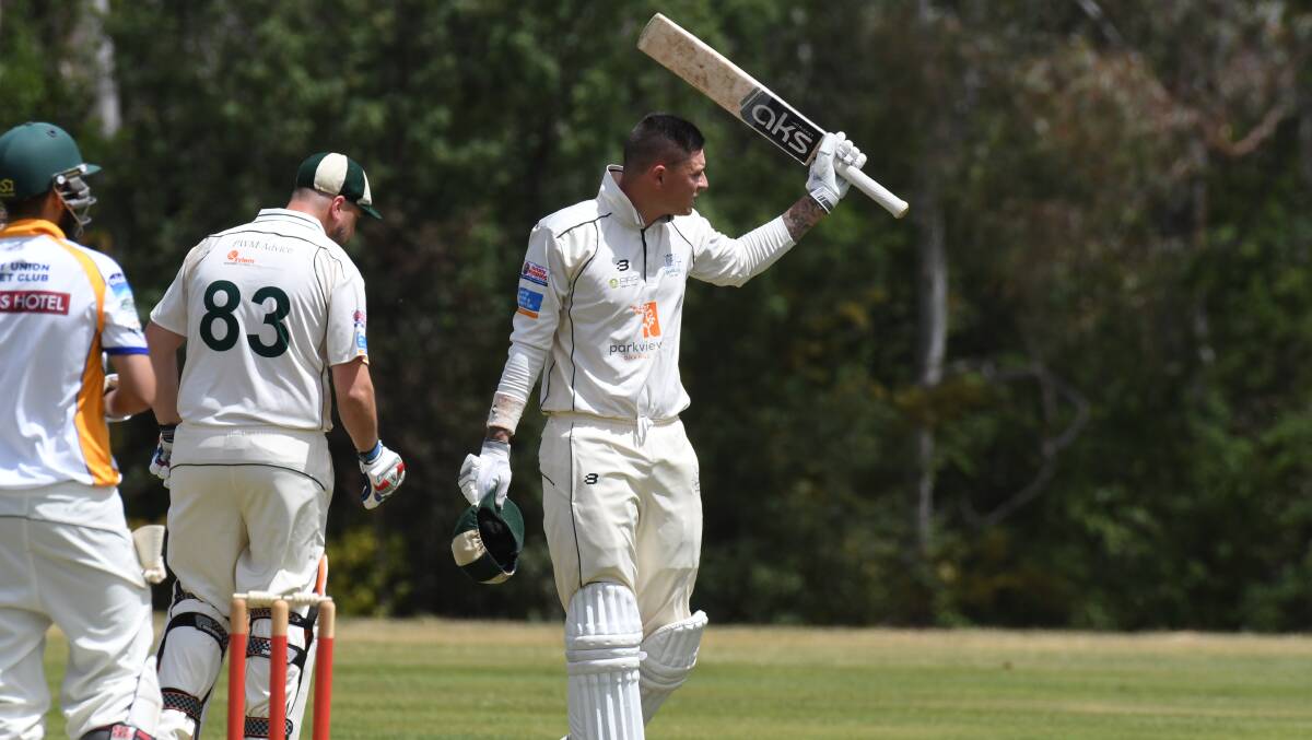 CAPTAIN'S KNOCK: Orange City skipper Ed Morrish salutes the crowd at Country Club Oval after scoring his maiden top grade ton on Saturday. Photo: JUDE KEOGH