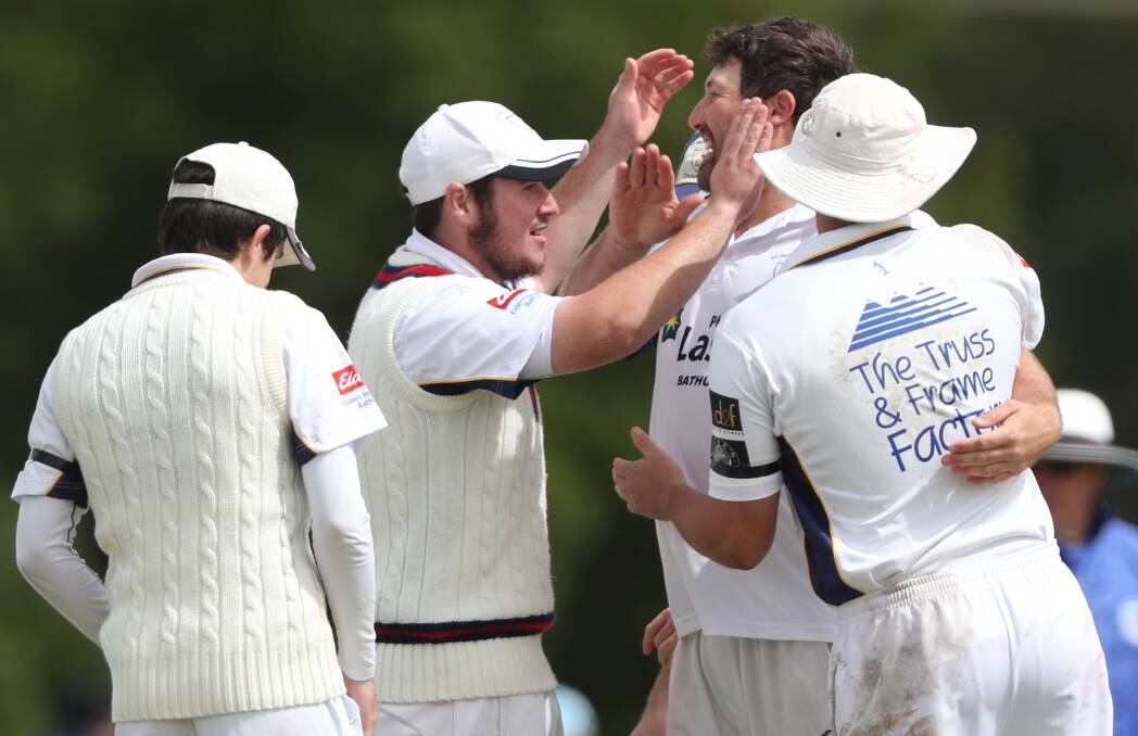 GOT HIM, GONE: St Pat's Old Boys veteran Matt Fearnley celebrates a wicket during last summer's Bathurst grand final, he snared seven on the weekend. Photo: PHIL BLATCH