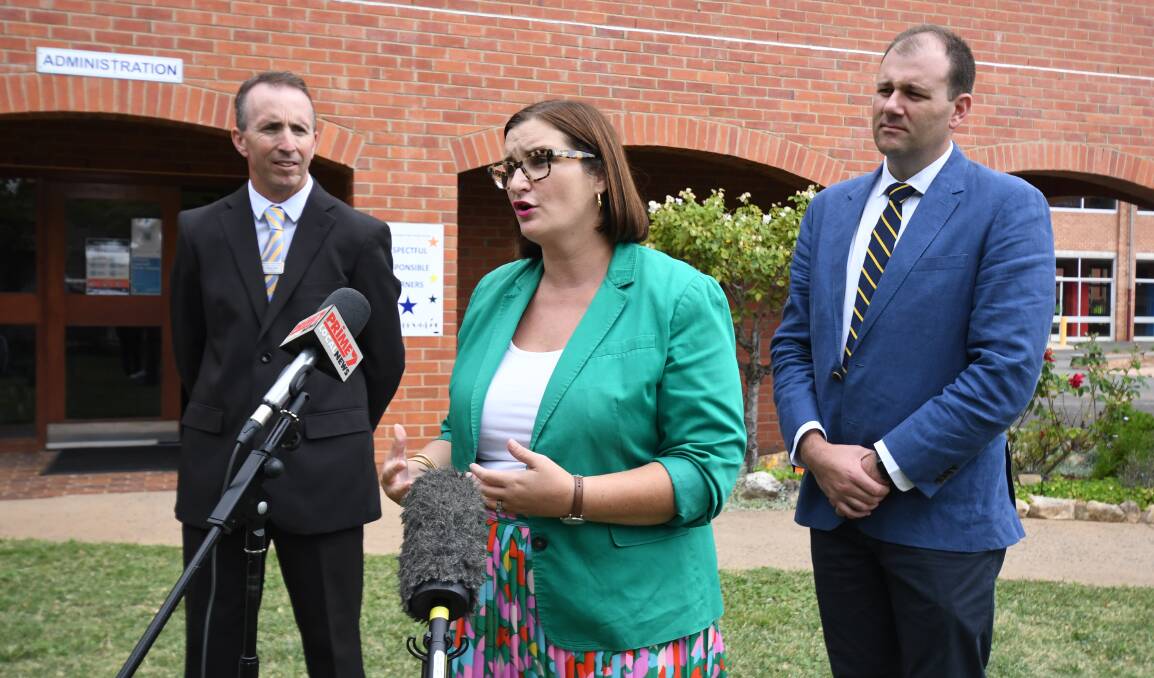 ANNOUNCEMENT: NSW Minister for Education Sarah Mitchell makes Thursday's announcement, flanked by OPS principal Brad Tom (left) and Nationals MLC Sam Farraway (right). Photo: JUDE KEOGH