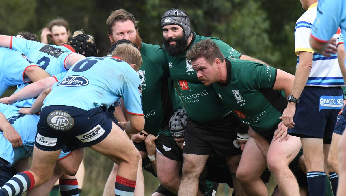 SCRUM TIME: Emus' front row of Steve Fergus, Tom Goolagong and Matt Findlay will have their work cut out for them against a big Cowra pack on Saturday. Photo: JUDE KEOGH