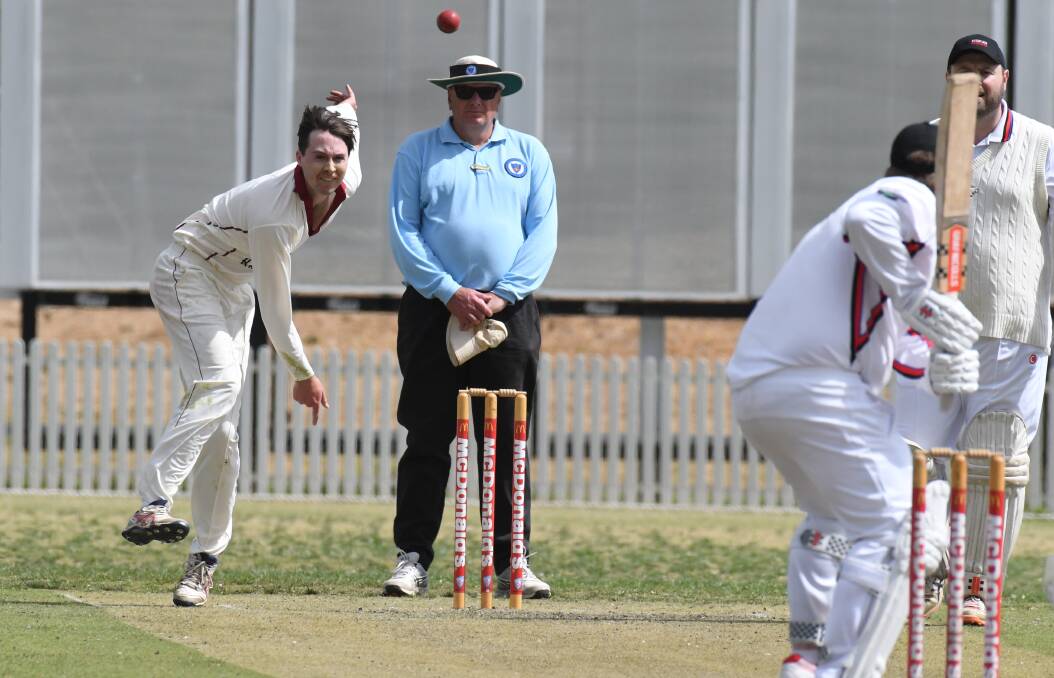 SPIN CYCLE: Cavaliers' Gus Cumming rips one at Wade Park on Saturday, he snared four wickets that combined magnificently with Mitch Black's five. Photo: JUDE KEOGH