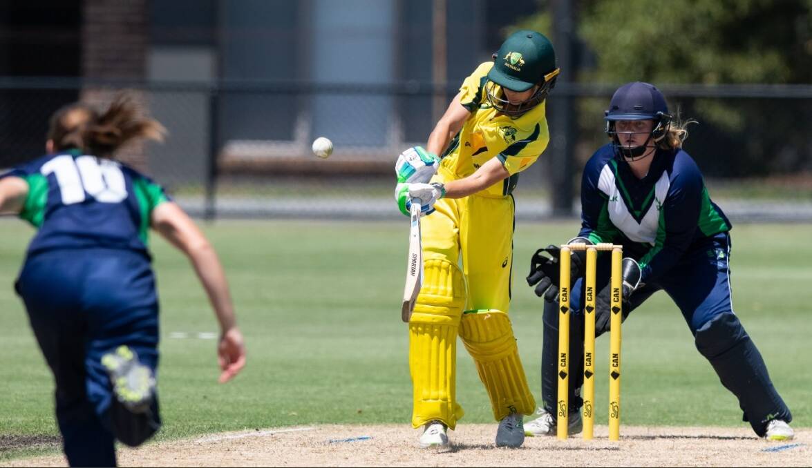 BAGGY GREEN: Phoebe Litchfield, pictured on her way to a ton at nationals, has been named in the Australian under-19 side. Photo: BRODY GROGAN