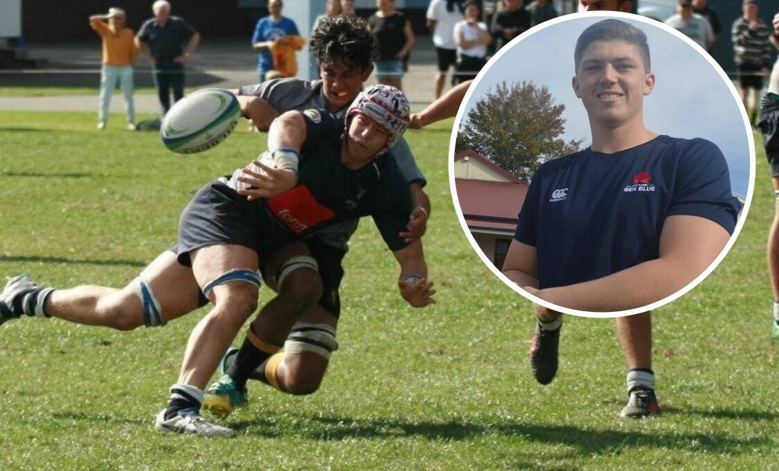 THEN TO NOW: Fletcher Wright playing for Tauranga Boys College before his second bout of surgery (main) and now, after being cleared to return to the field (inset). Photos: BAY OF PLENTY RUGBY, MATT FINDLAY