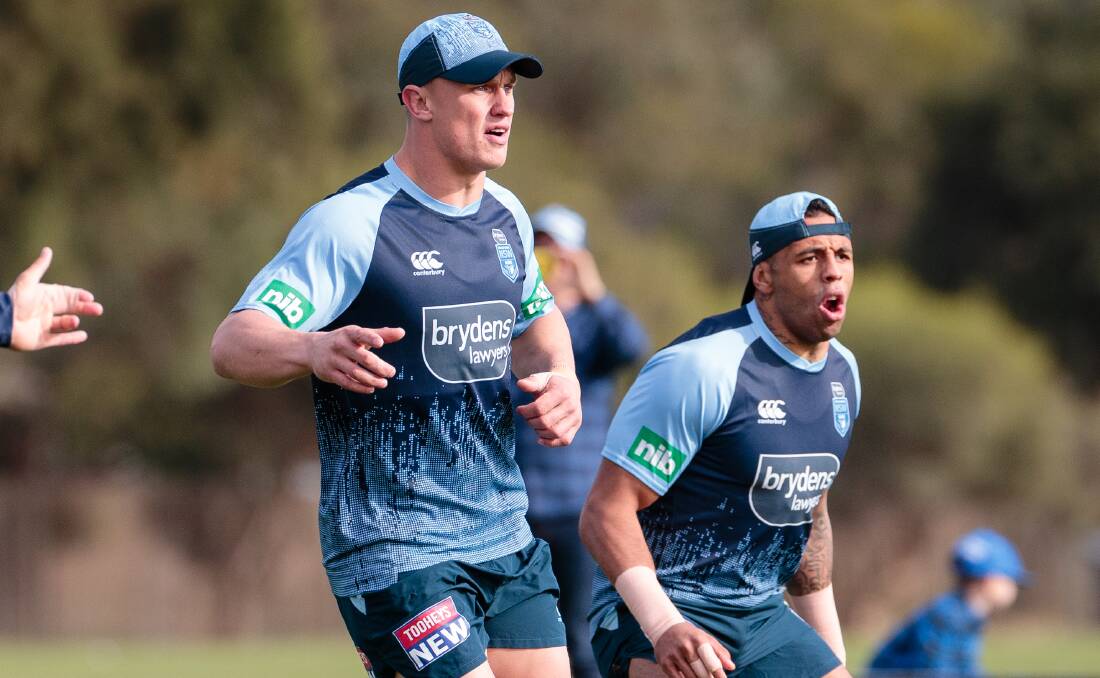 COMBINATIONS: Jack Wighton trains alongside Josh Addo-Carr at Tuesday's field session, one of just three the Blues have before game two. Photo: AAP