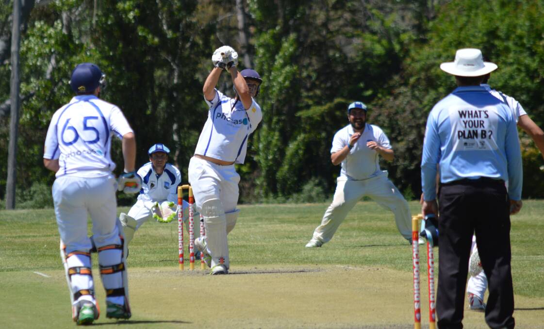TOP-SCORER: Charlie Mortimer hits out on Sunday. He top scored for Orange with 34, but it did little as the Blue Baggers were rolled by six wickets. Photo: MATT FINDLAY