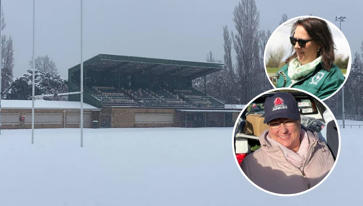 HARD WORK: (Inset, top to bottom) Keryn Phillips and Penny Fisher lauded the behind-the-scenes work put in to save the under-14 state titles, caused by the snow which inundated Endeavour Oval (main). Photos: CONTRIBUTED