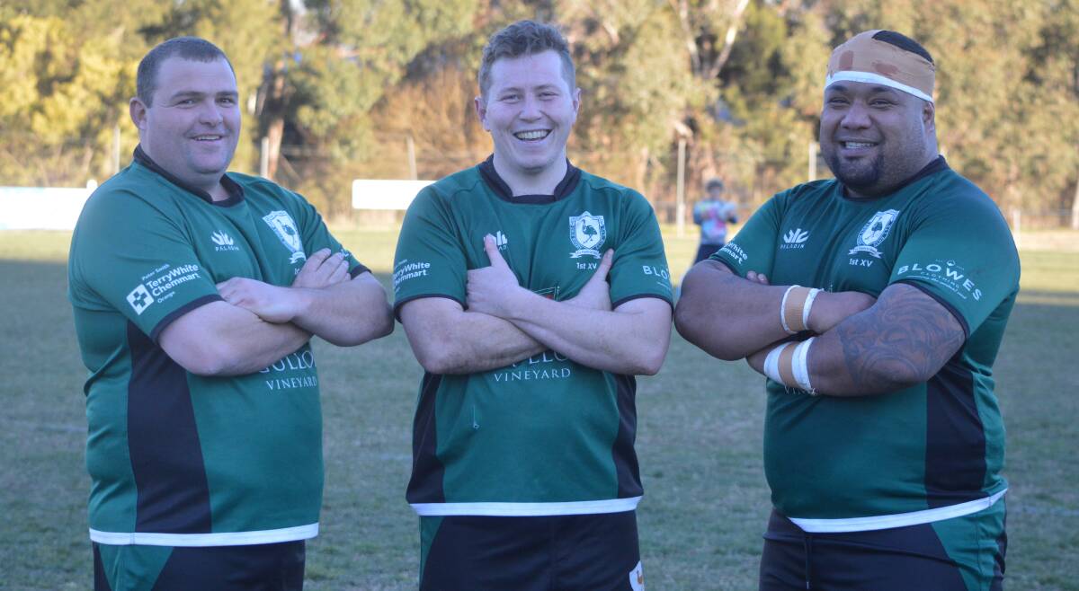 FRONT FOOT: Emus' imposing front-row of Michael Graham, Charlie Henley and Nas Havealeta, all smiles after last week's preliminary final, have a big role to play in this weekend's grand final. Photo: MATT FINDLAY
