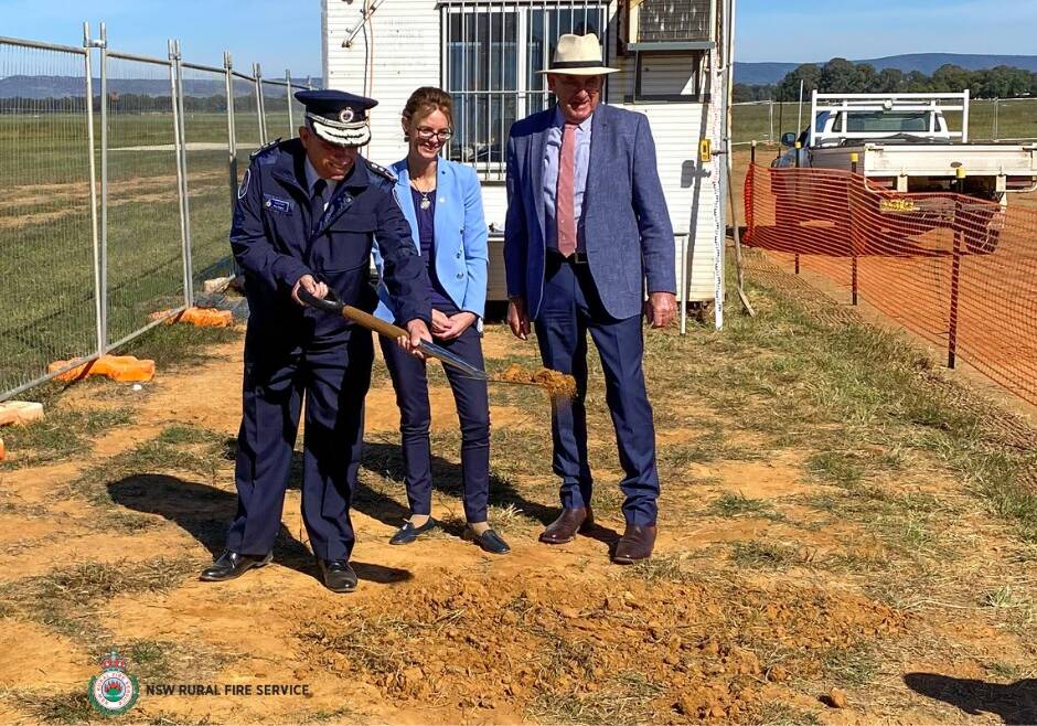 NEW ERA: NSW RFS Commissioner Rob Rogers, State Member for Cootamundra Steph Cooke and Cowra mayor Bill West at Tuesday's sod turning. Photo: NSW RURAL FIRE SERVICE