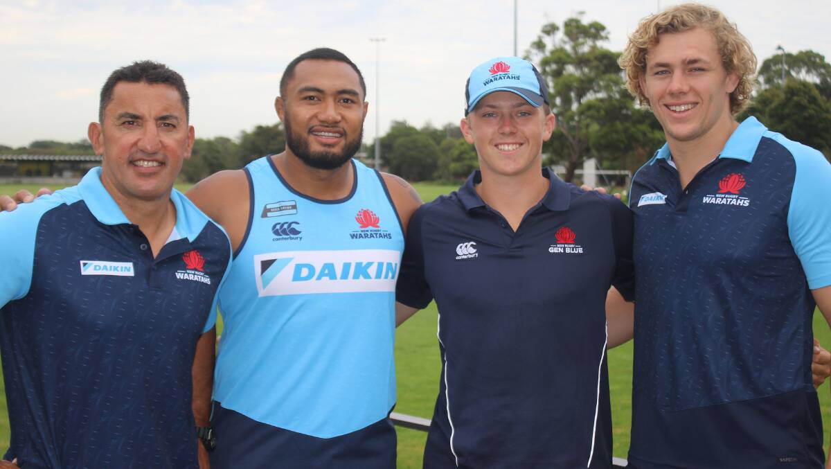 COURAGE: Fletcher Wright, flanked by Waratahs coach Daryl Gibson and stars Sekope Kepu and Ned Hanigan, made his inspirational return to the rugby field last weekend. Photo: NSW WARATAHS MEDIA