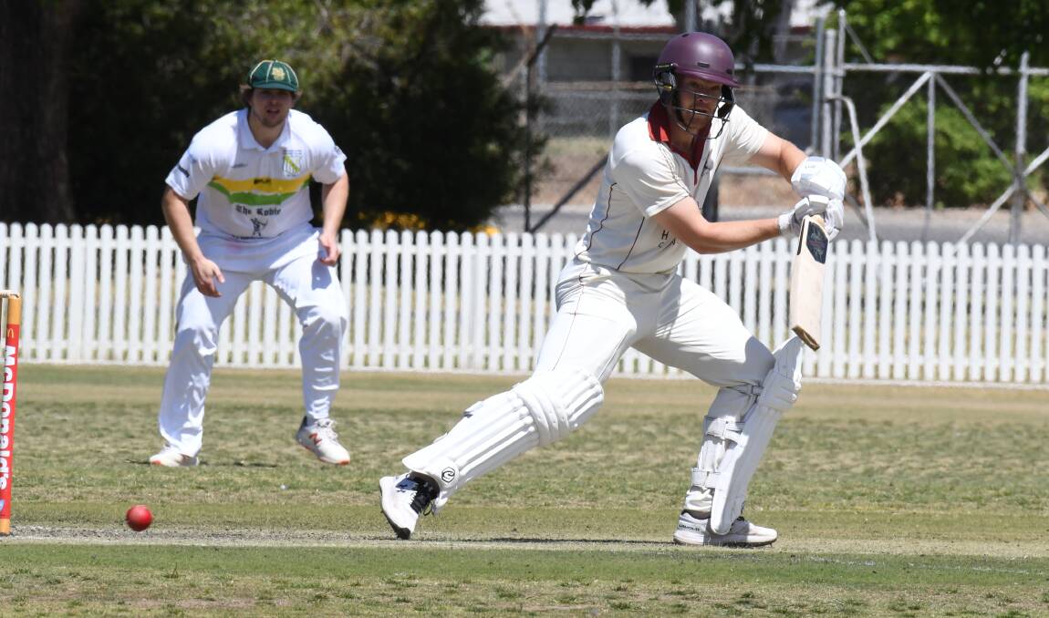 CAPTAIN CARNAGE: Matt Corben slashes one to backward point during his monster innings at Wade Park on Saturday afternoon, he finished unbeaten on 174. Photo: JUDE KEOGH