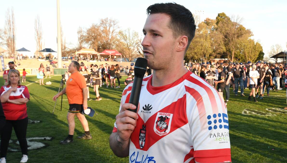 GUT-WRENCHING: Mudgee captain-coach Jack Littlejohn makes his post-game speech after Sunday's incredible grand final.