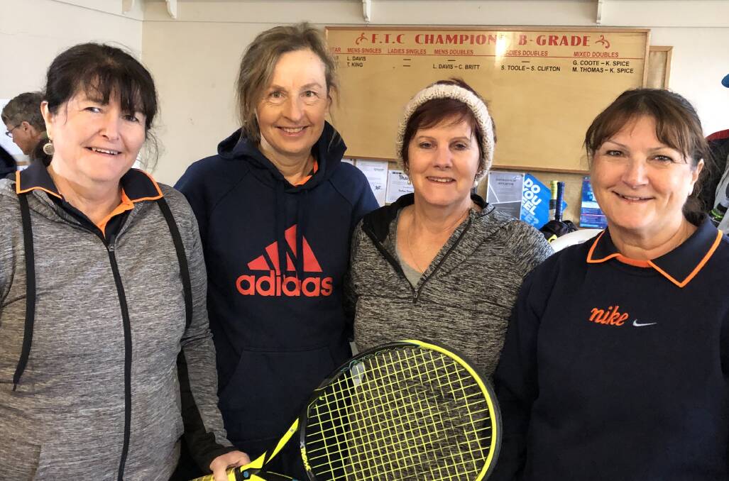 GREAT EFFORT: Ex-Services' Tennis Club's ladies team from last weekend's Seniors Tournament at Forbes; (from left) Lindy Crossley, Janet Davenport, Rochelle Hogan and Chrissie Kjoller. Photo: CONTRIBUTED