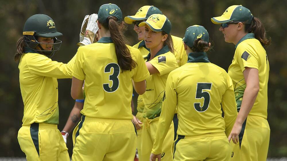 CLEAN-SWEEP: Phoebe Litchfield's Australia A side celebrate a wicket in their third and final Twenty20 victory over India A this week. Photo: CRICKET AUSTRALIA