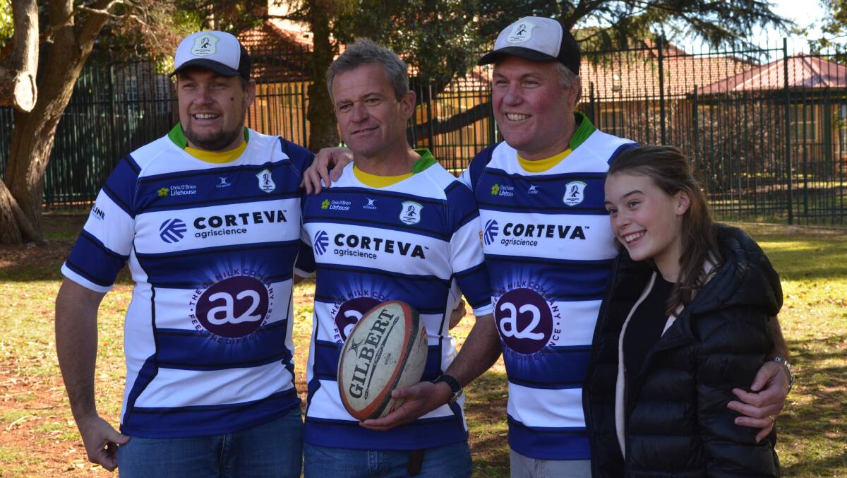GAME ON: Bryn Robertson, Jim Hughes, Jason Robertson and Izzy Robertson pose for cameras at Western Care Lodge earlier this month. The three former will all run out for Knox Old Boys. Photo: MATT FINDLAY