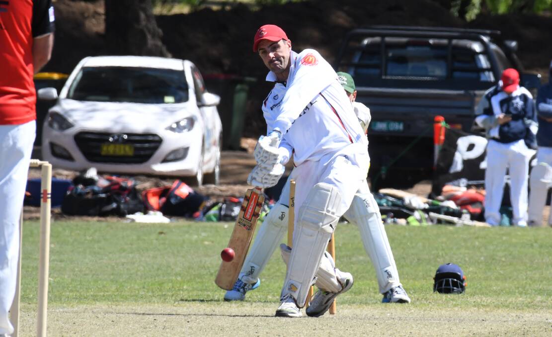 RED-HOT: Gareth Faul goes big in his hard-hitting dig of 99 on Saturday, he fell one run short of notching his second consecutive Third Grade ton. Photo: JUDE KEOGH