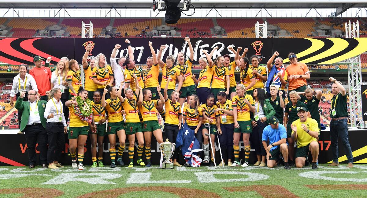 WE ARE THE CHAMPIONS: The Jillaroos celebrate Saturday's World Cup win. Photo: NRL PHOTOS