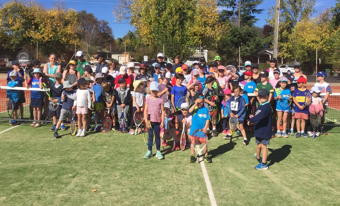 HUGE TURNOUT: More than 60 kids were registered for Ex-Services Tennis Club's school holiday coaching clinics this week, with coaches Alison and Darren taking through the basics right up to game situations. The clinics run in every set of school holidays. Photo: CHRISSIE KJOLLER