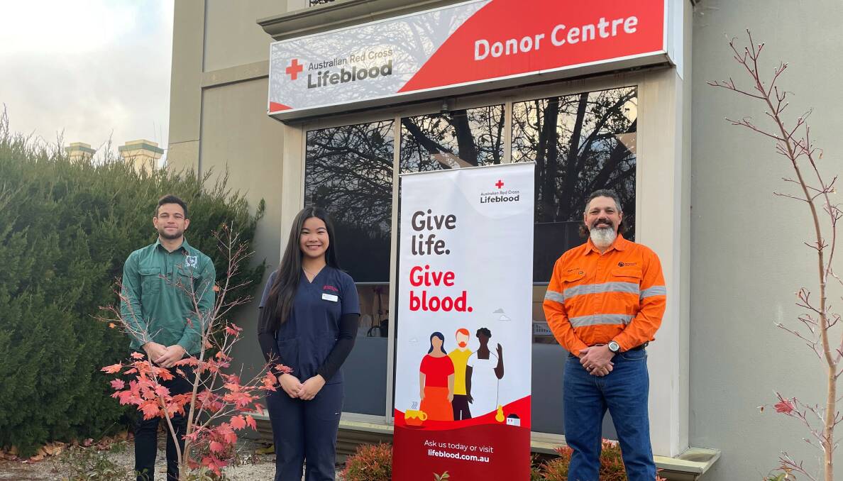 TOP DONATIONS: Orange Emus' Jamil Khalfan, CSU's Quyen Vo and Newcrest's John Ford at Orange Donor Centre on Friday morning. Photo: AUSTRALIAN RED CROSS LIFEBLOOD