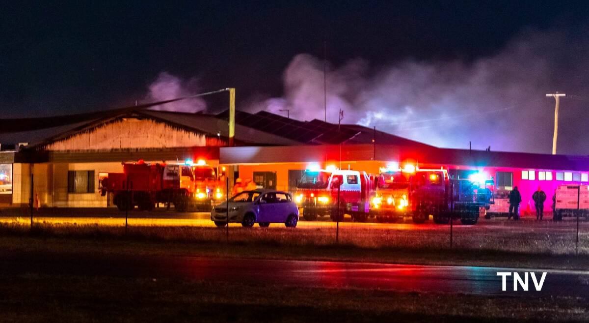 UP IN FLAMES: Fire crews work to extinguish a blaze near Cudal on Monday evening, the property is reportedly used by Transport for NSW as a testing facility. Photo: TOP NOTCH VIDEO/TROY PEARSON