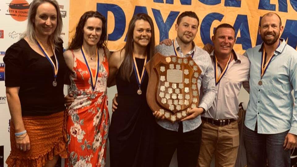 THE PODIUM: Jess Marsh, Cathy Johnson, Bec Ford, Jake Blimka, Jono Punch and Anthony Wharton made up the women's and men's podiums. Photo: EIGHT DAY GAMES