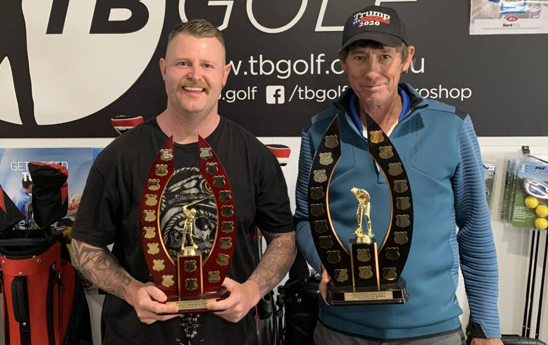 MAJOR WINNERS: Tim White and Phillip White show off their spoils from the Epiroc Wentworth Open, the pair won the tournament's two major trophies. Photo: TODD BRAKENRIDGE
