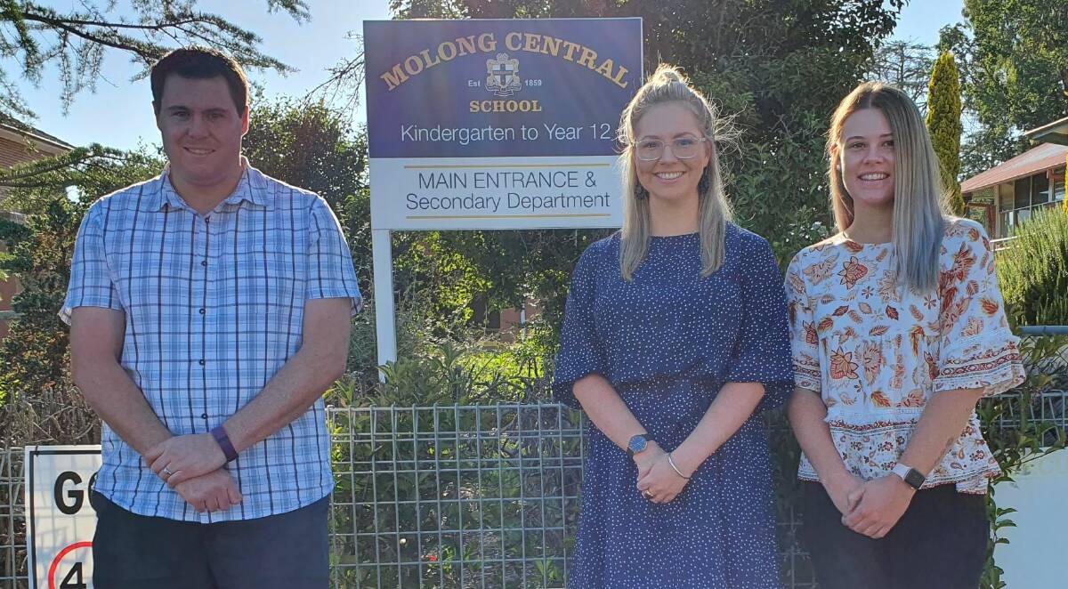 EDUCATION: Charles Sturt University graduates Mitchell Akers, Sophie Tonkin and Emma Rutherford at Molong Central School. Photo: CONTRIBUTED
