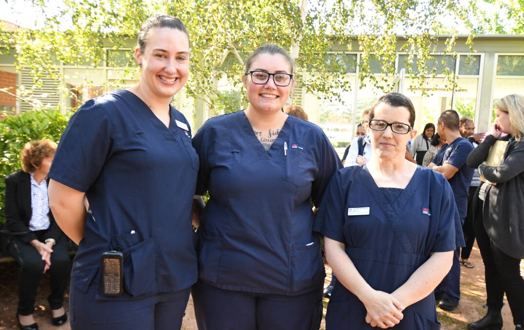 FRONTLINE: Orange Hospital nurses Sophia Toole, Jessica Smith and Angela Roach were on hand at Wednesday's celebration. Photo: JUDE KEOGH