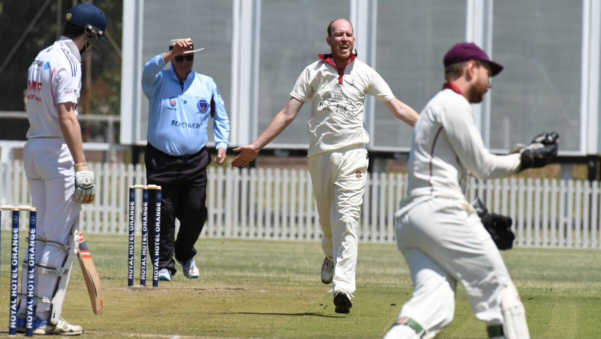 TEARING THROUGH: Mark Maybin celebrates the wicket of Ed Dodds, his fourth in the space of just nine balls at the end of Centrals' first innings on Saturday afternoon. Photo: JUDE KEOGH