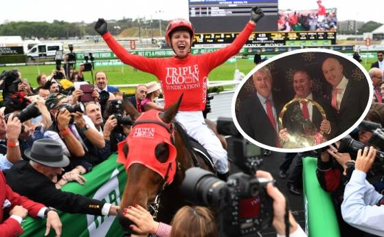 MOUNTAIN SCALED: Kerrin McEvoy and Redzel's connections celebrate after last year's win in The Everest while (inset) Scott Rayner, Frank Weymouth and Stuart Milne have a minute with the trophy. Photos: AAP, FACEBOOK