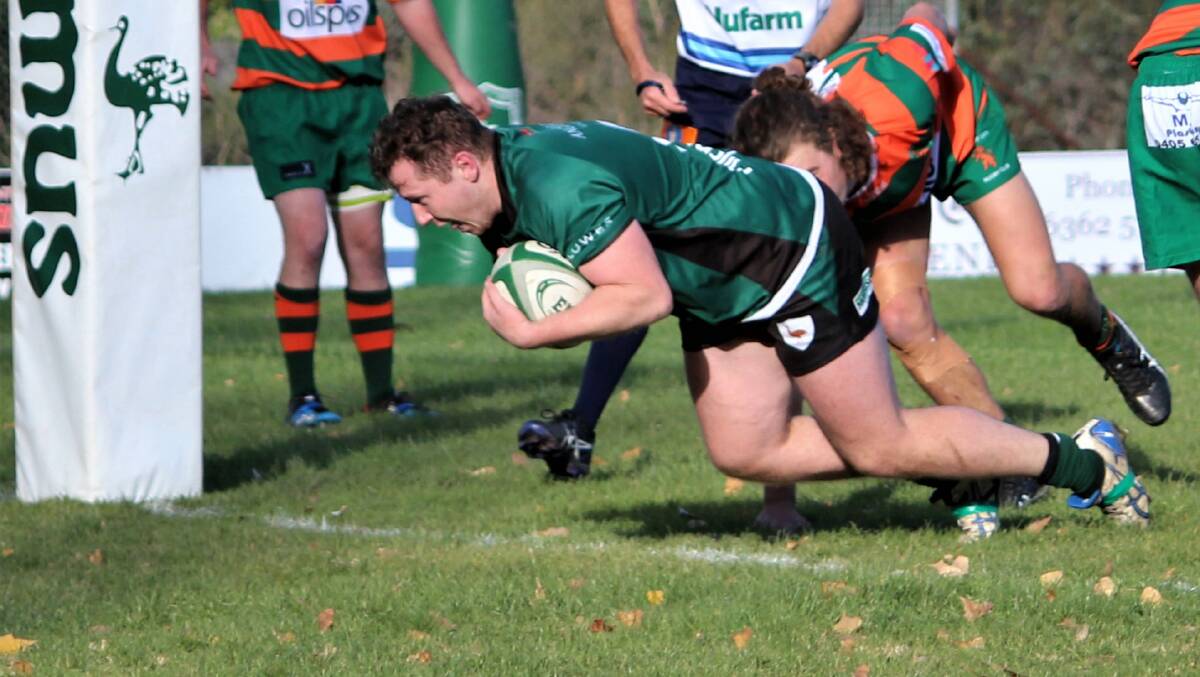 TRY TIME: Boom Emus recruit Charlie Henley strolls over for a try on debut against Orange City a fortnight ago, he crossed against Forbes too. Photo: DON MOOR