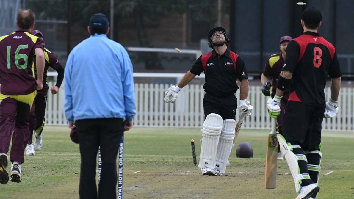 GOT HIM: Bathurst City skipper Joey Coughlan is bowled in his side's loss to Cavaliers.