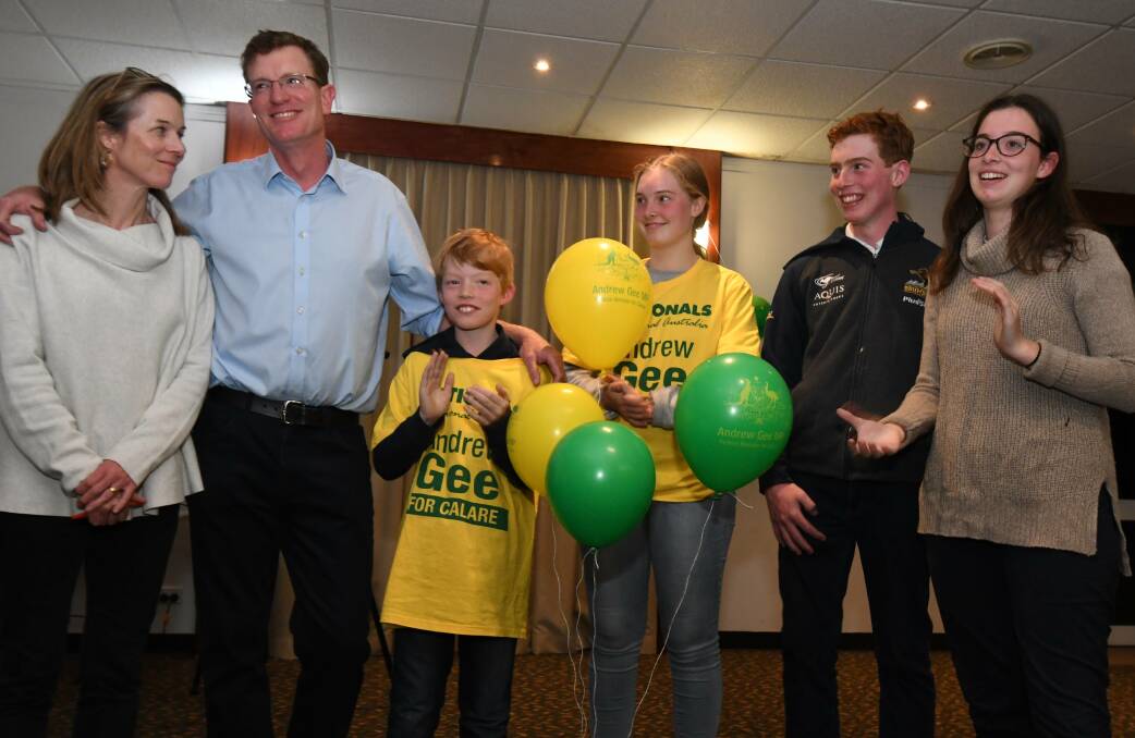 THREE MORE YEARS: Calare MP Andrew Gee celebrates with his family on election night.