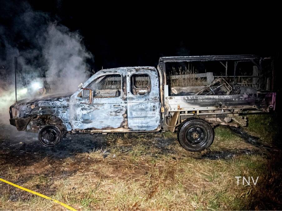 DESTROYED: The ute set alight on Icely Road on Friday morning that police believe may have been responsible for damage at Duntryleague. Photo: TROY PEARSON