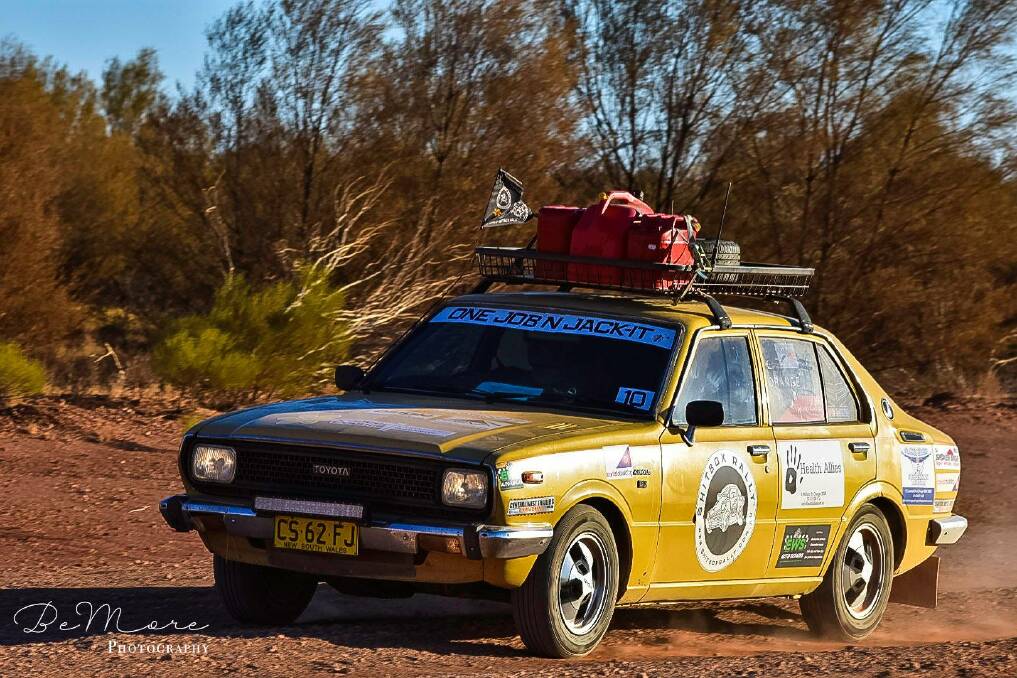 DRIVE FOR CANCER: Brinn Jackett's Corolla in full swing during the 2019 Perth-Sydney Shitbox Rally.