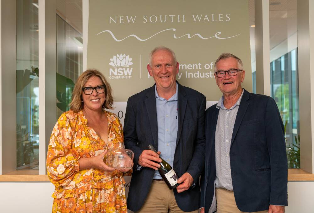BEST IN SHOW: Heifer Station's Michelle and Phillip Stivens with Shane Heatherington from the NSW Department of Primary Industries (centre) at the Orange Wine Show Trophy presentation.