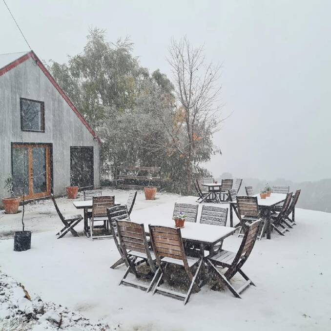 Snow falls at the high altitude Macquariedale Organic Wines cellar door. Picture supplied