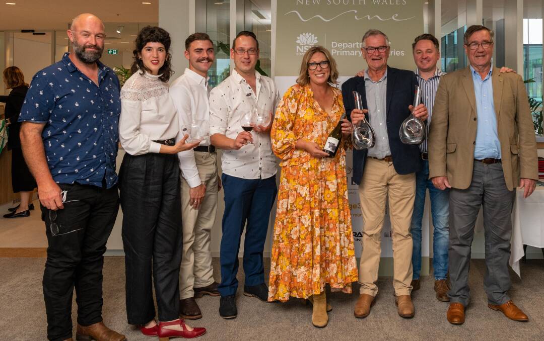 ANOTHER WIN: Heifer Station Wines' Damien Ivers, Brenda Lucca, Lachlan Theaux, Aaron Onegin-Ward, Michelle Stivens, Phil Stivens, James Thomas and Don Martin after their "Best Wine in Show" win at the recent Orange Wine Awards.