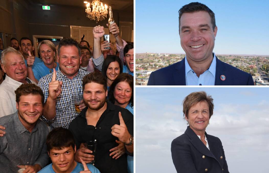 WINNERS ARE GRINNERS: Phil Donato (main photo) with his supporters on election night, and Barwon's Roy Butler (top) and Murray's Helen Dalton (bottom).