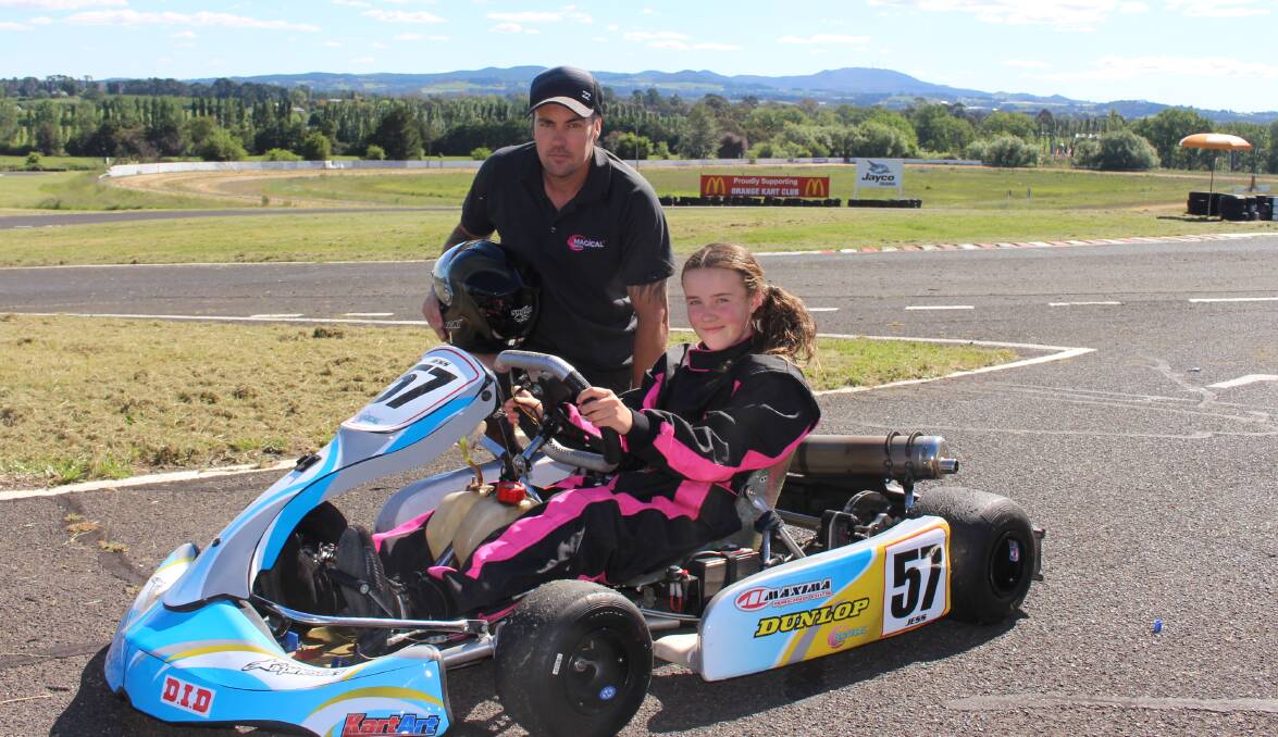 START YOUR ENGINES: Jess Keast with her dad Kris at the Orange Kart Club racetrack ahead of the South Pacific Titles. Photo: MAX STAINKAMPH