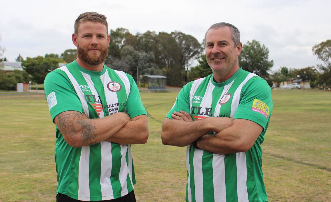 LEADING THE WAY: Barnies skipper Josh Summerson and coach Rob Dawson in the club's 2019 green and white strip. They'll be on the paddock on Wednesday. Photo: MAX STAINKAMPH