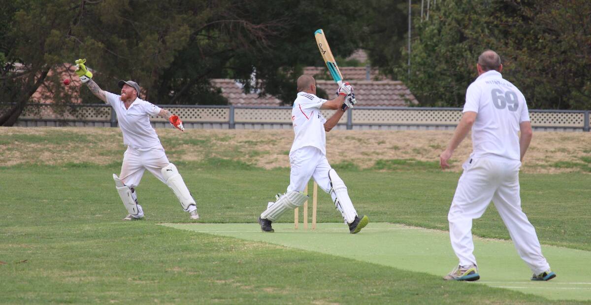 CATCH IT: An edge off the bat of Nathan Totten flies past Gladstone's wicketkeeper Matty Weller, to the delight of bowler Troy Pearson. Photo: MAX STAINKAMPH
