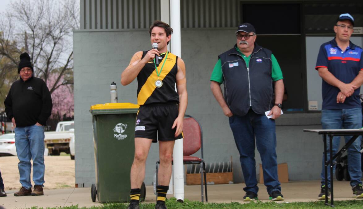 BEST ON GROUND: Sadler on the mic after being named man of the match. Photo: MAX STAINKAMPH