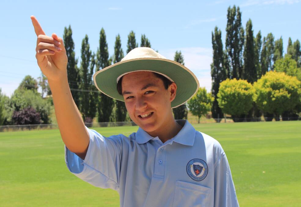 YOU'RE FIRED: Tom Anderson practices the send off ahead of the Western NSW Junior Cricket Carnival next week. Photo: MAX STAINKAMPH. 