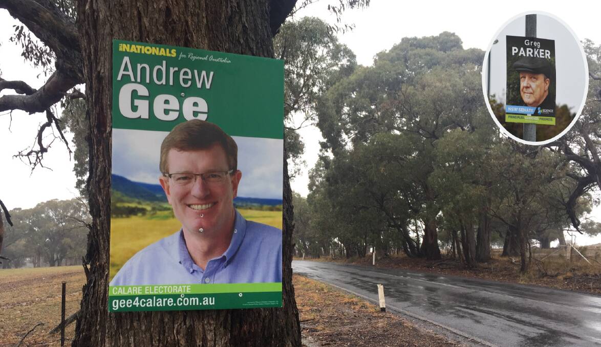 ELECTION POSTERS: Nationals and Science Party campaign material along Cargo Road and along Talopea Way in Orange on Friday. Photos: JUDE KEOGH