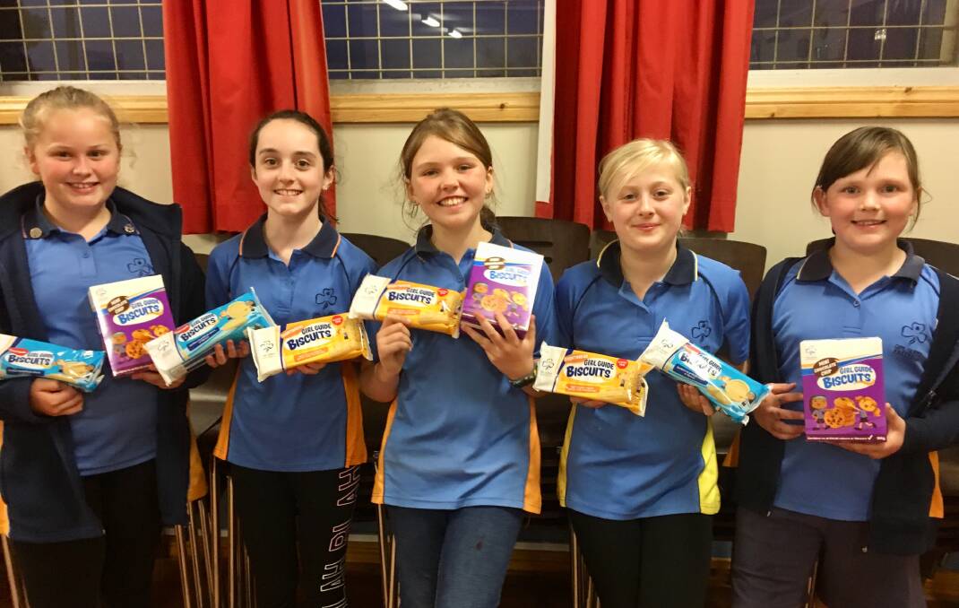 BISCUITS FOR SALE: Mischa Dwyer, Holly Finlay, Lily Wright, Sarah Nalder and Lauren Day with a collection of bikkies at the Scout Hall in Peisley Street. Photo: SUPPLIED. 